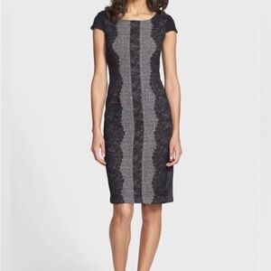 Betsey Johnson Black and Gray Tweed Lace-Panel Midi Dress